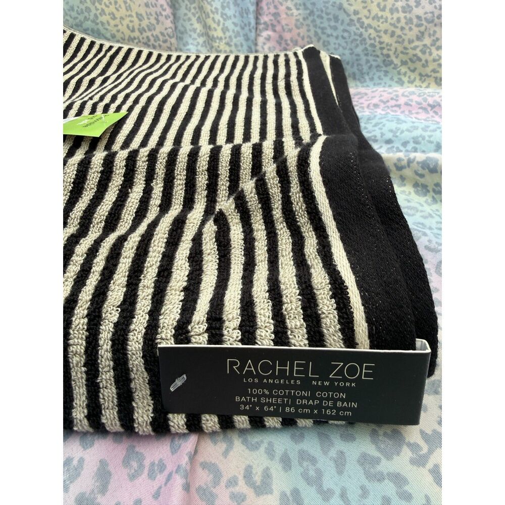 Rachel Zoe Black Cream Striped Bath Sheet 34x64 100% Cotton NWT